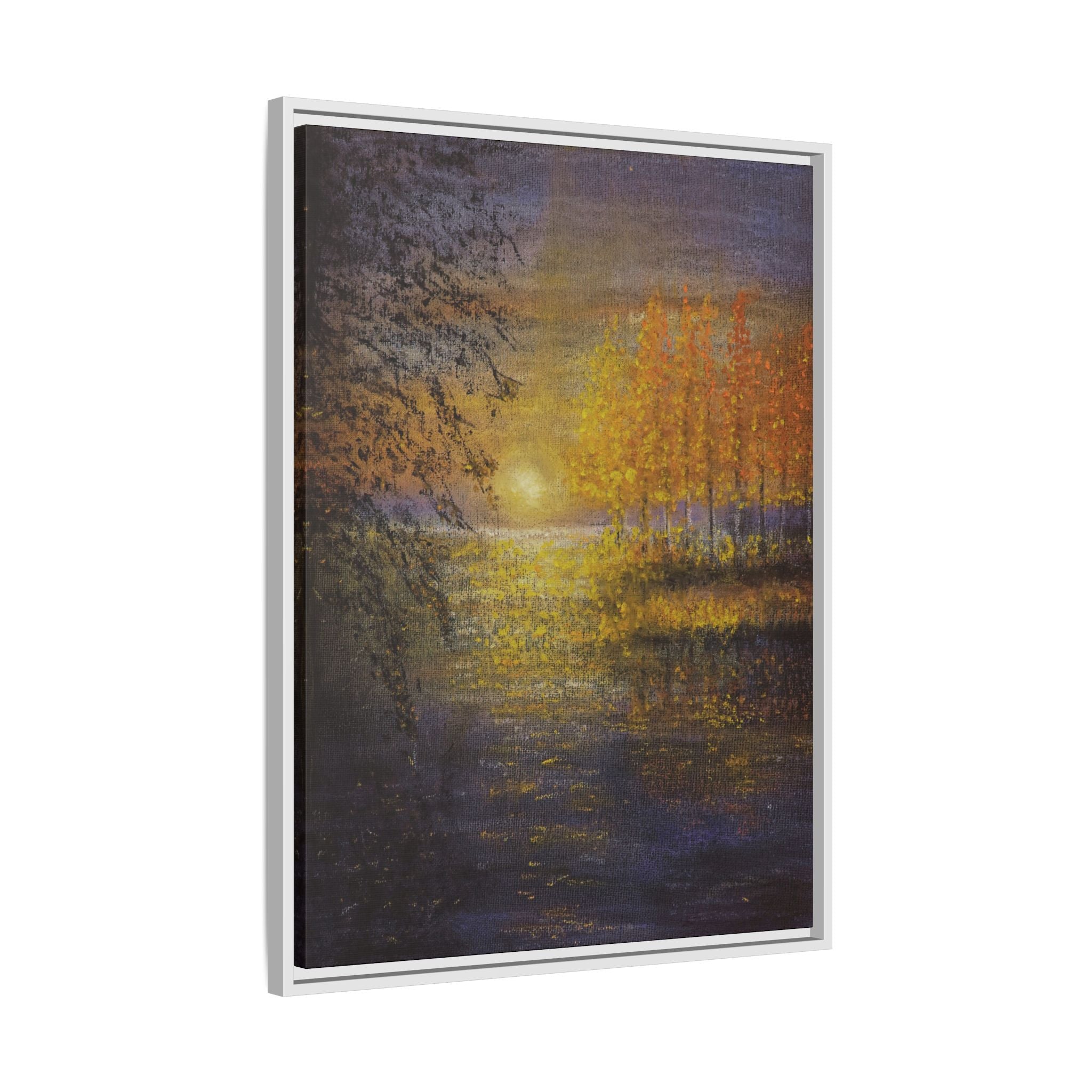 Framed Matte Canvas Painting - Golden Trees Over Tranquil Lake