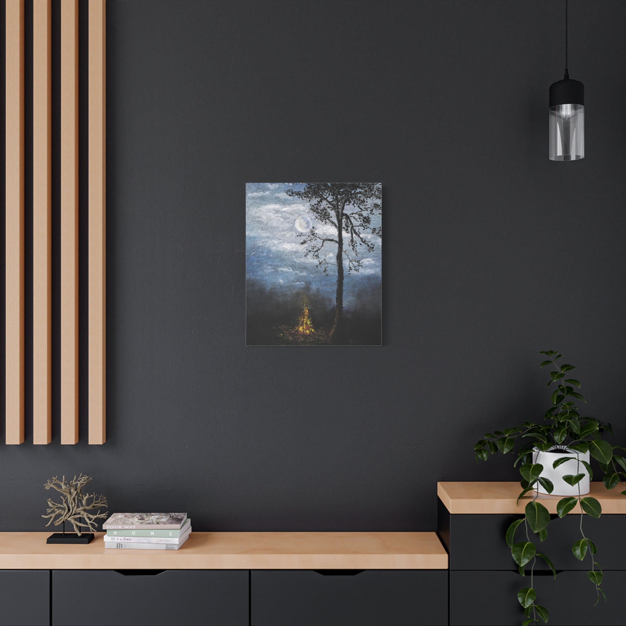 Moonlit Campfire Matte Canvas Wall Art — Night Forest Landscape