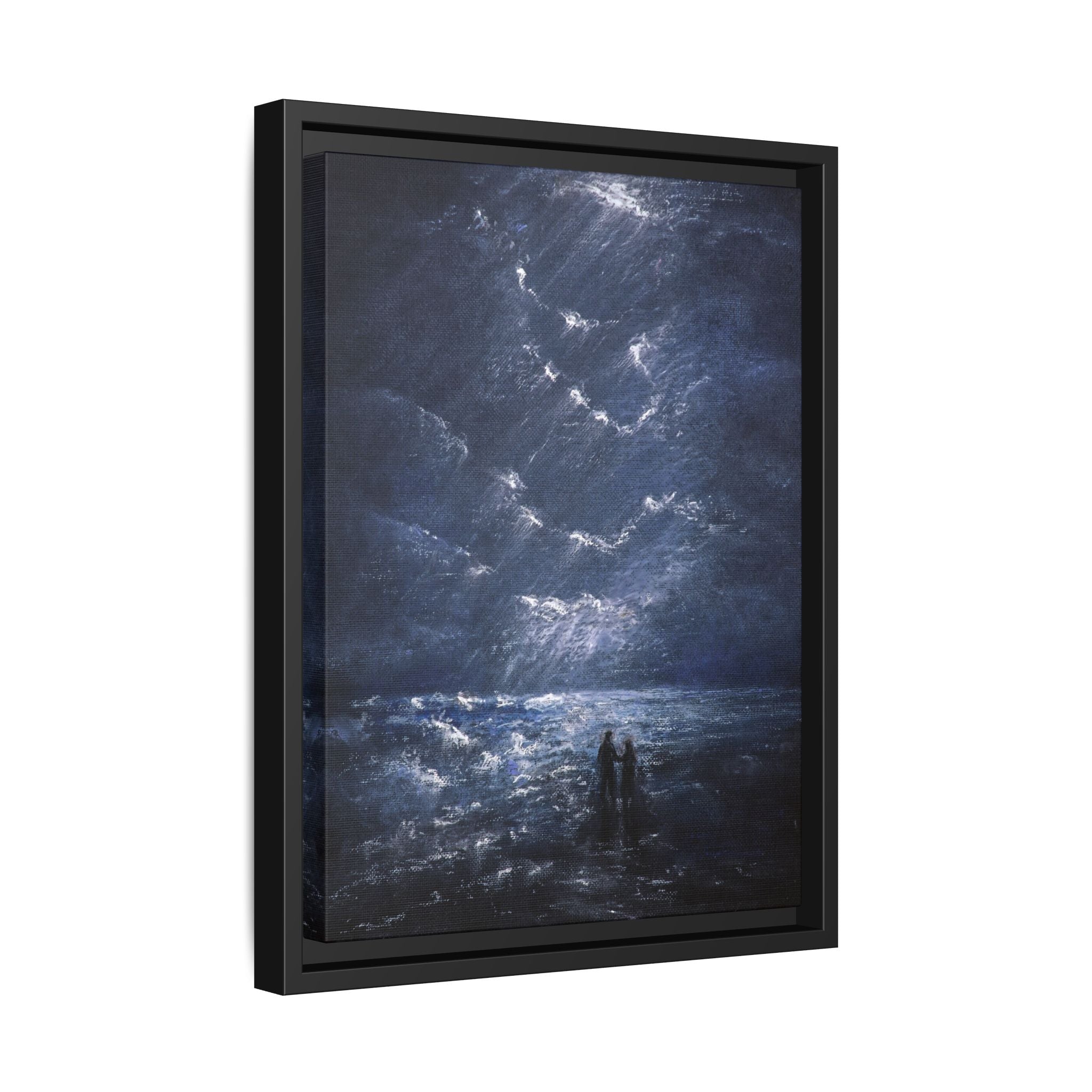 Couple on Shore at Night - Framed Canvas Art