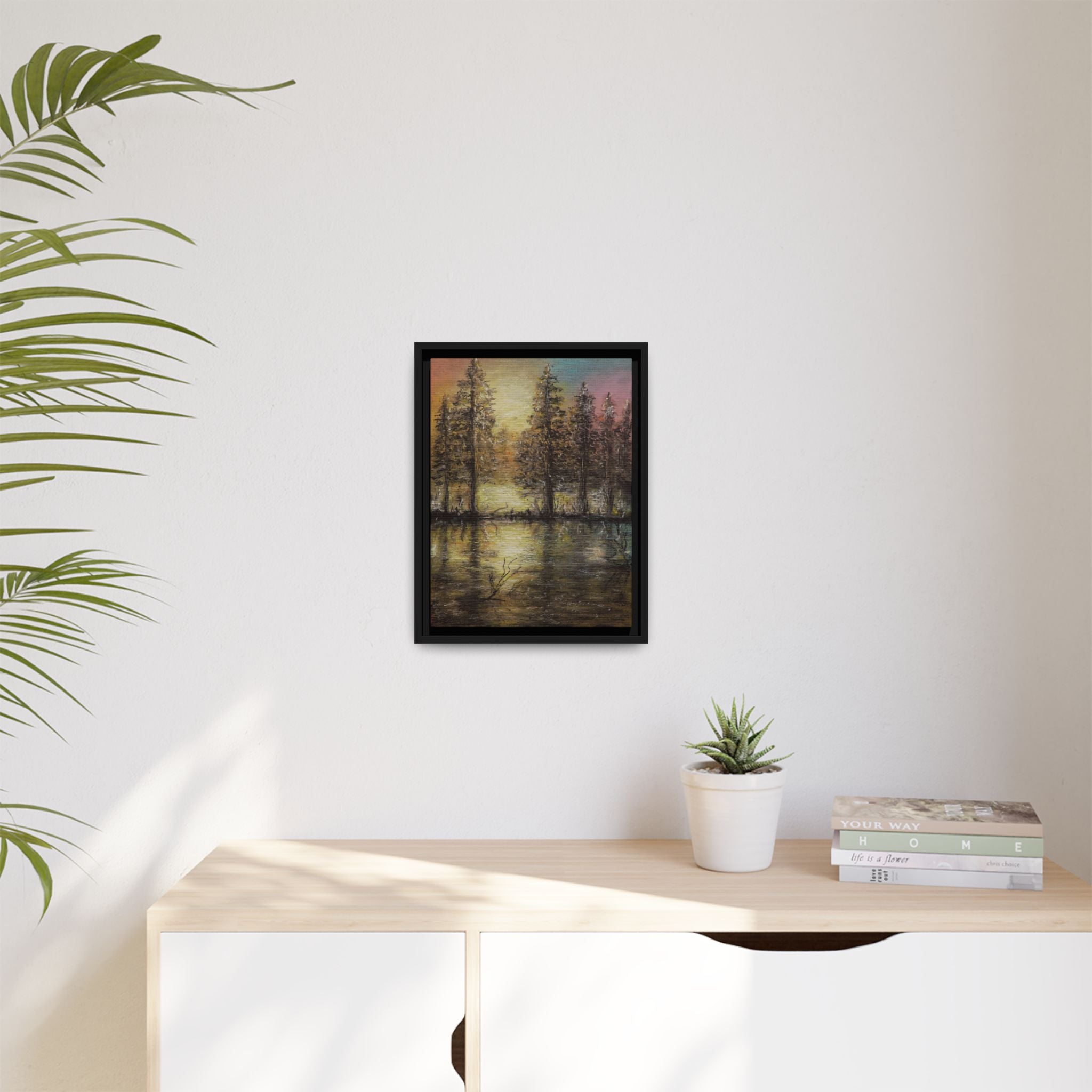 Framed Matte Canvas Wall Art — Sunset Forest Reflection