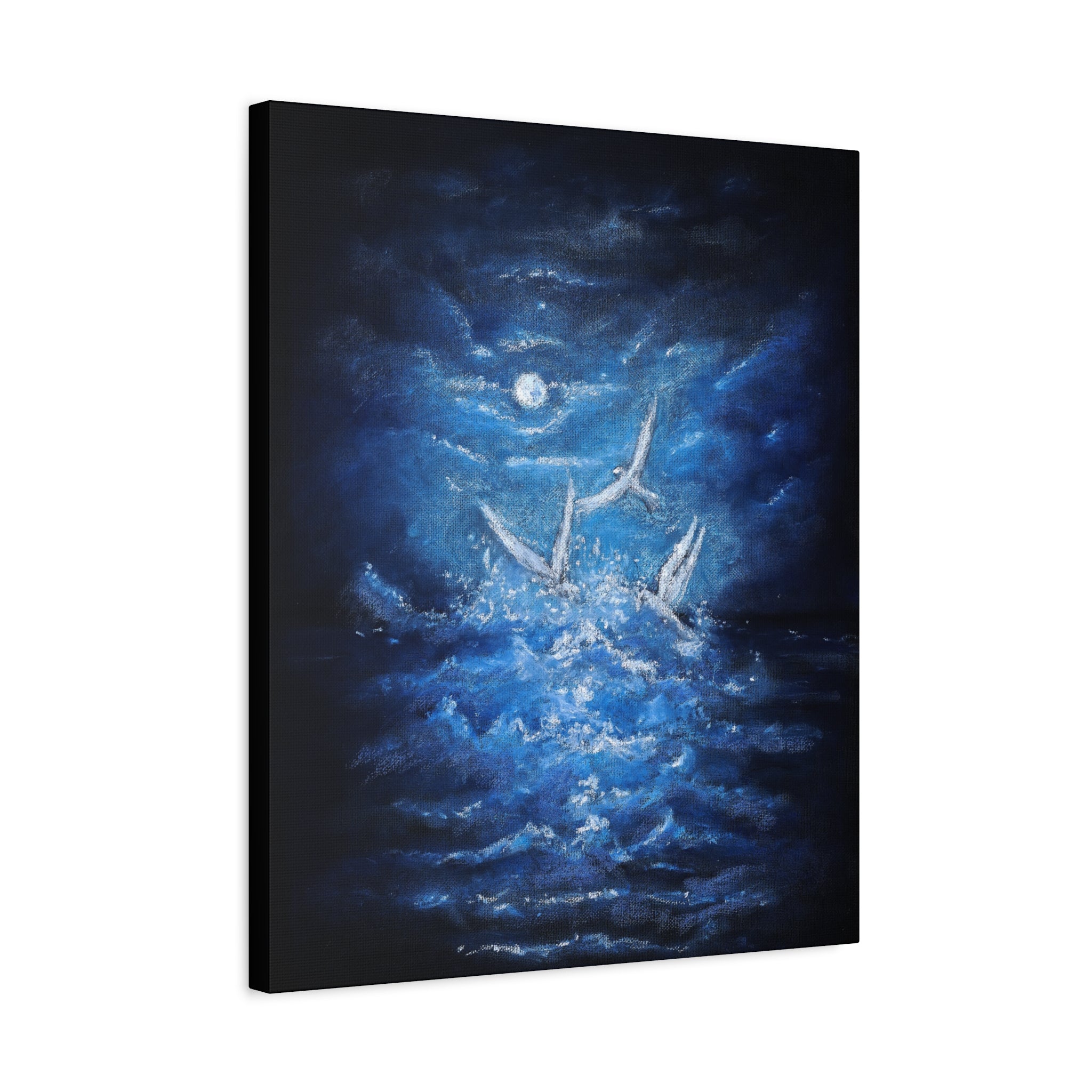 Moonlit White Birds Matte Stretched Canvas – Serene Ocean Wall Art