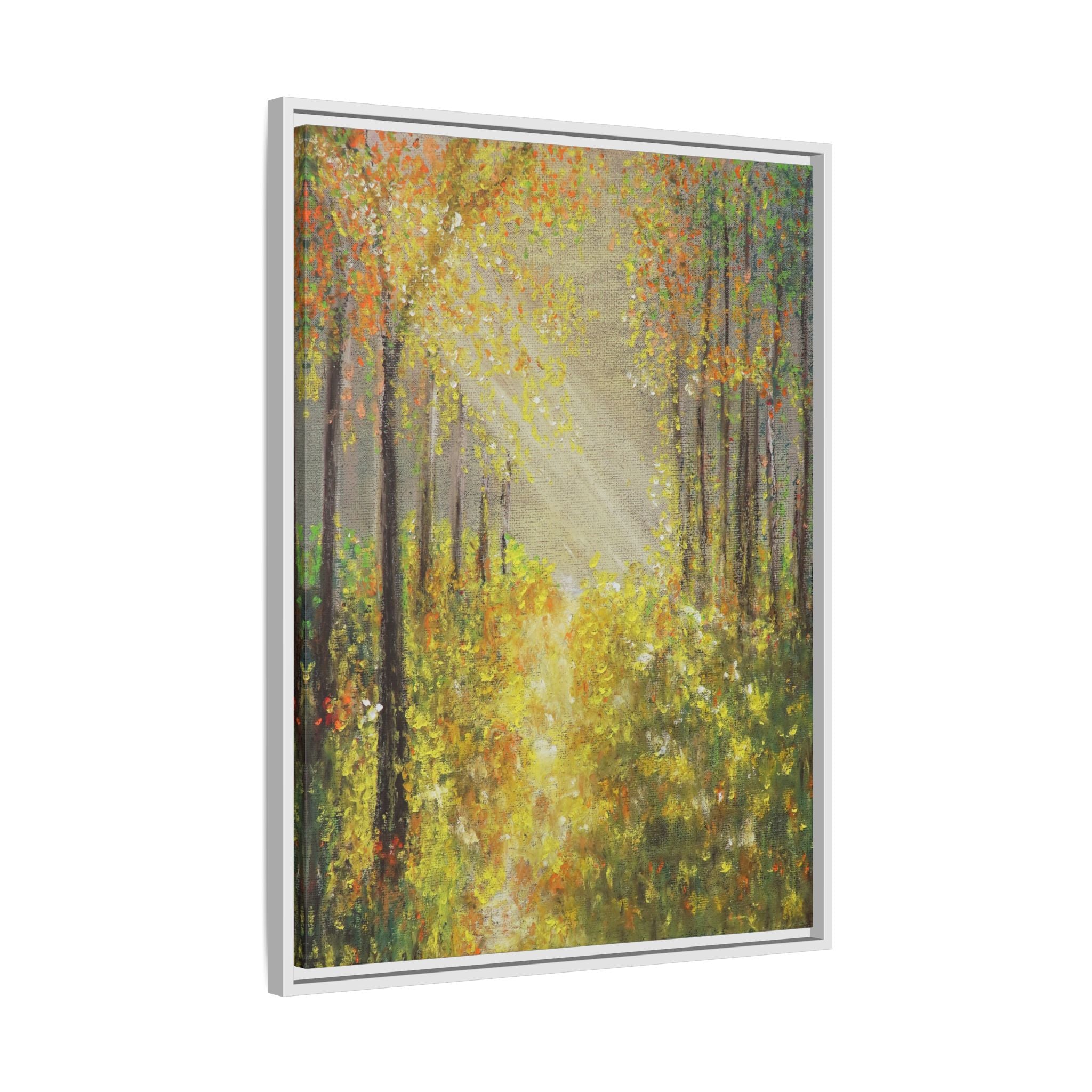 Sunlit Forest Path Framed Canvas Art — Autumn Woodland Wall Decor