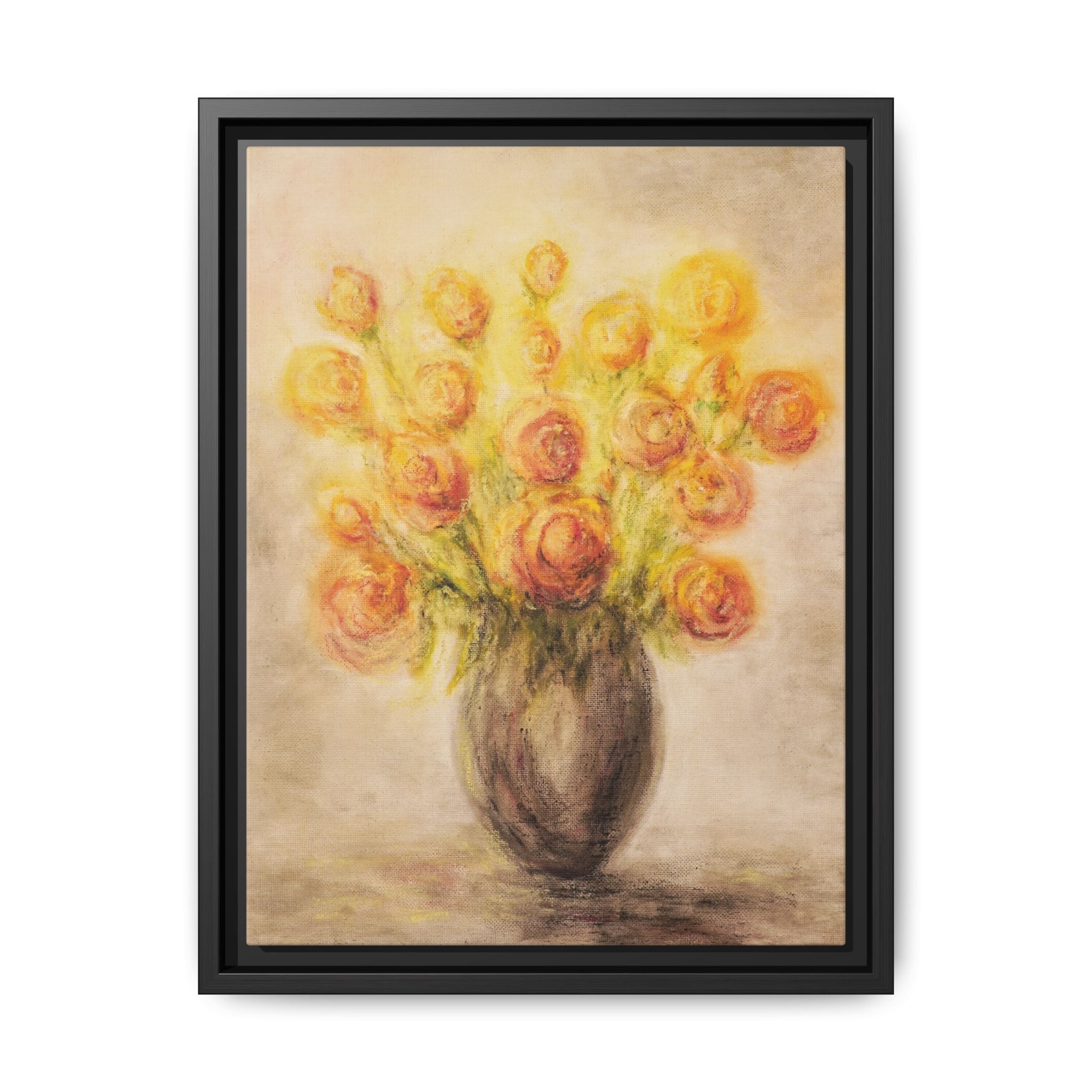 Framed Matte Canvas Floral Bouquet Wall Art — Yellow Rose Vase Print