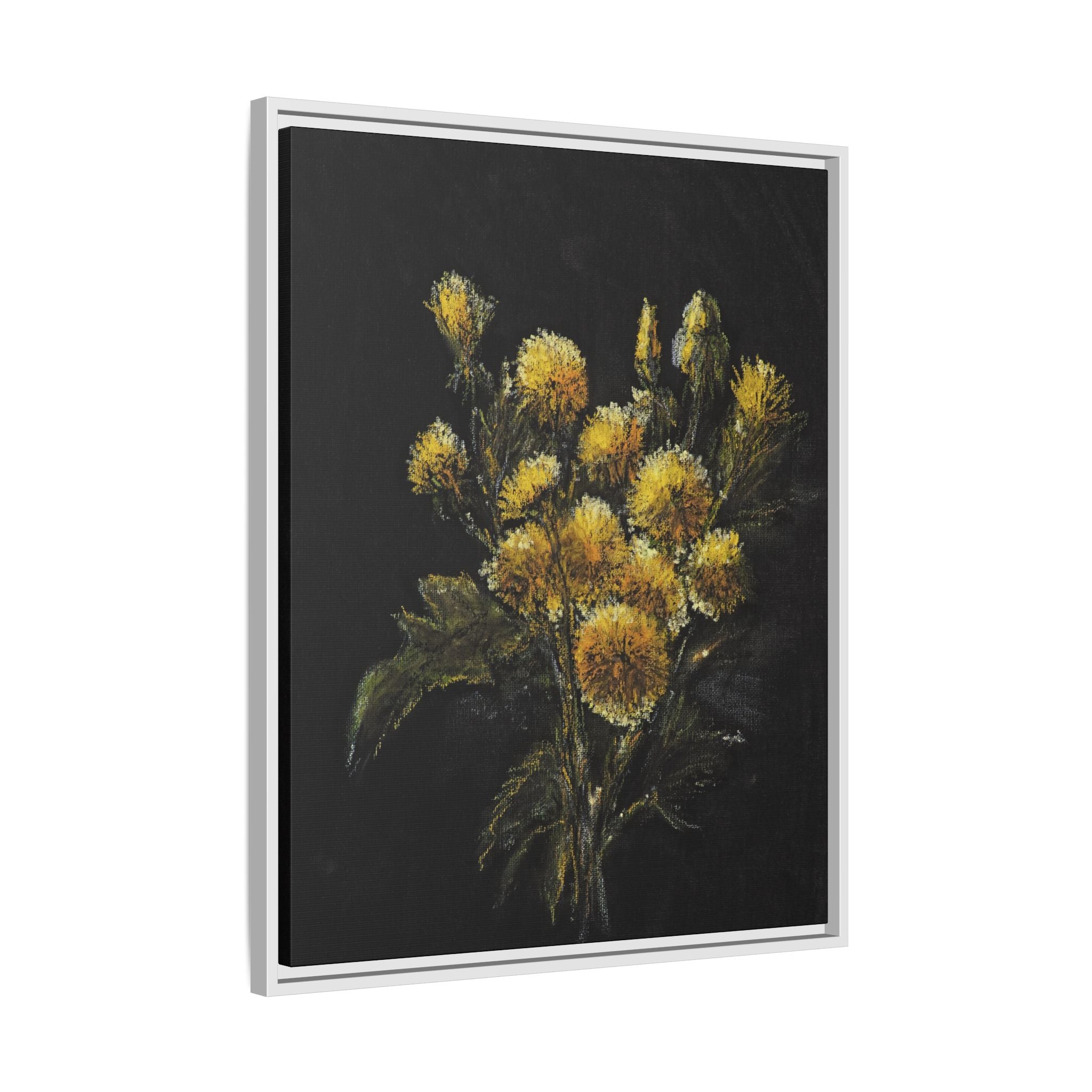 Framed Matte Canvas Print — Yellow Wildflower Bouquet on Black (Botanical Wall Art)