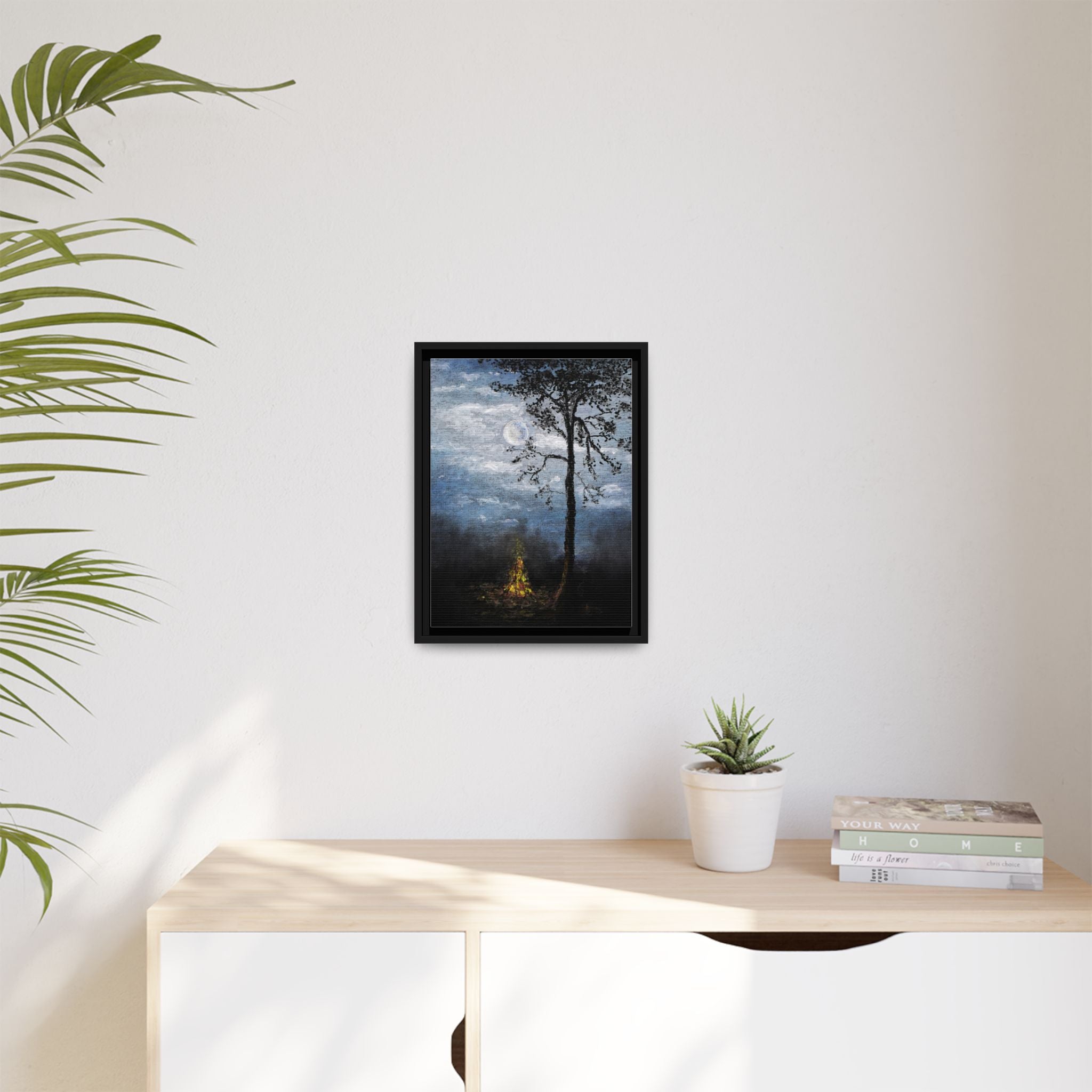 Framed Matte Canvas Print — Moonlit Campfire Landscape