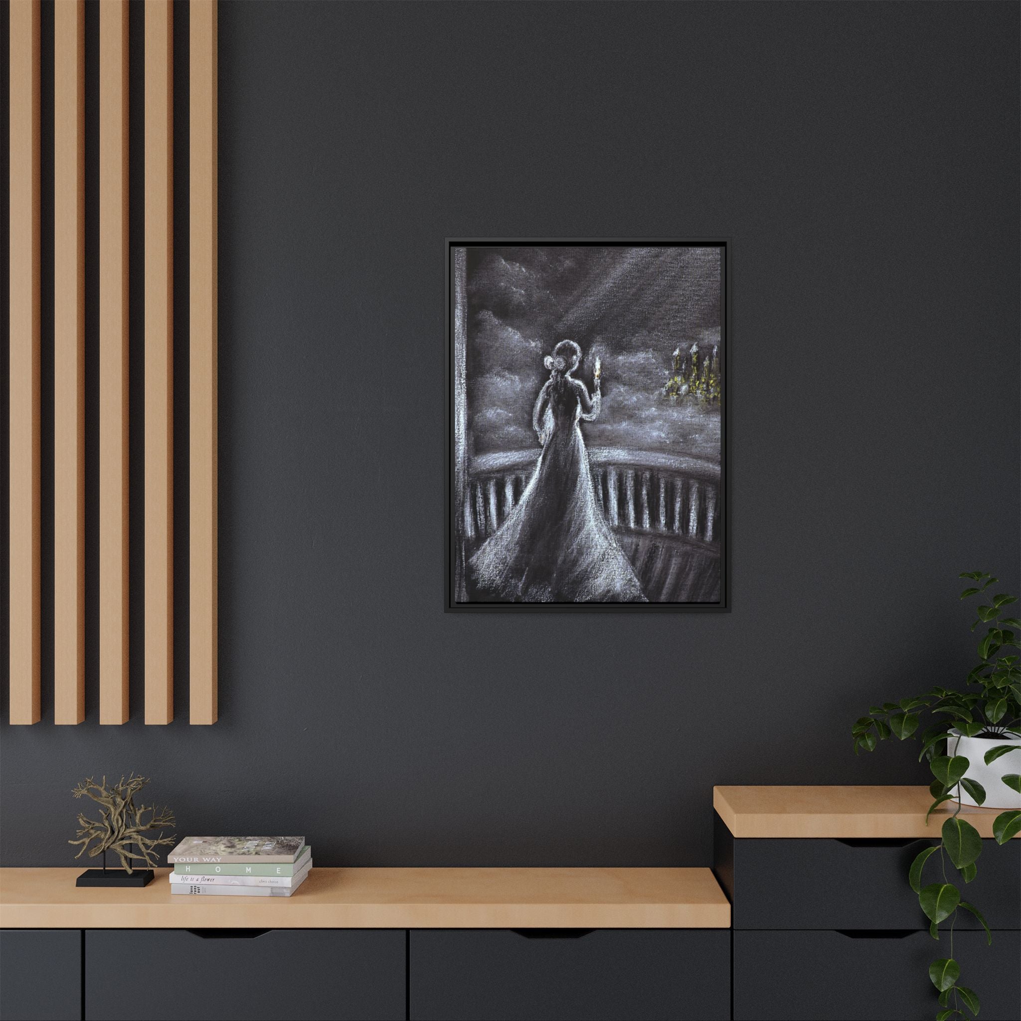 Framed Matte Canvas — Moonlit Lady on Balcony