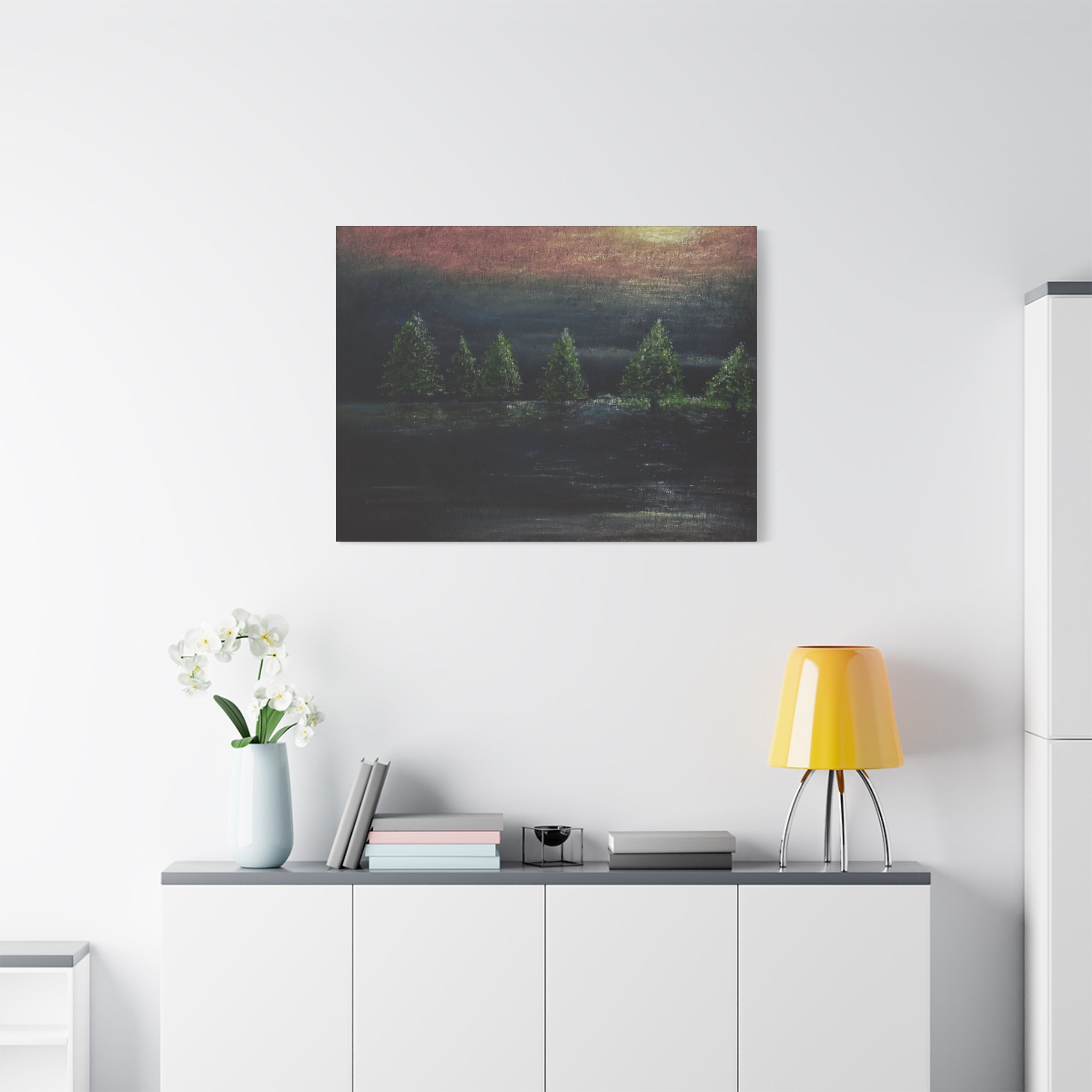 Moonlit Pine Trees Matte Canvas Wall Art — Stretched Nature Landscape Painting