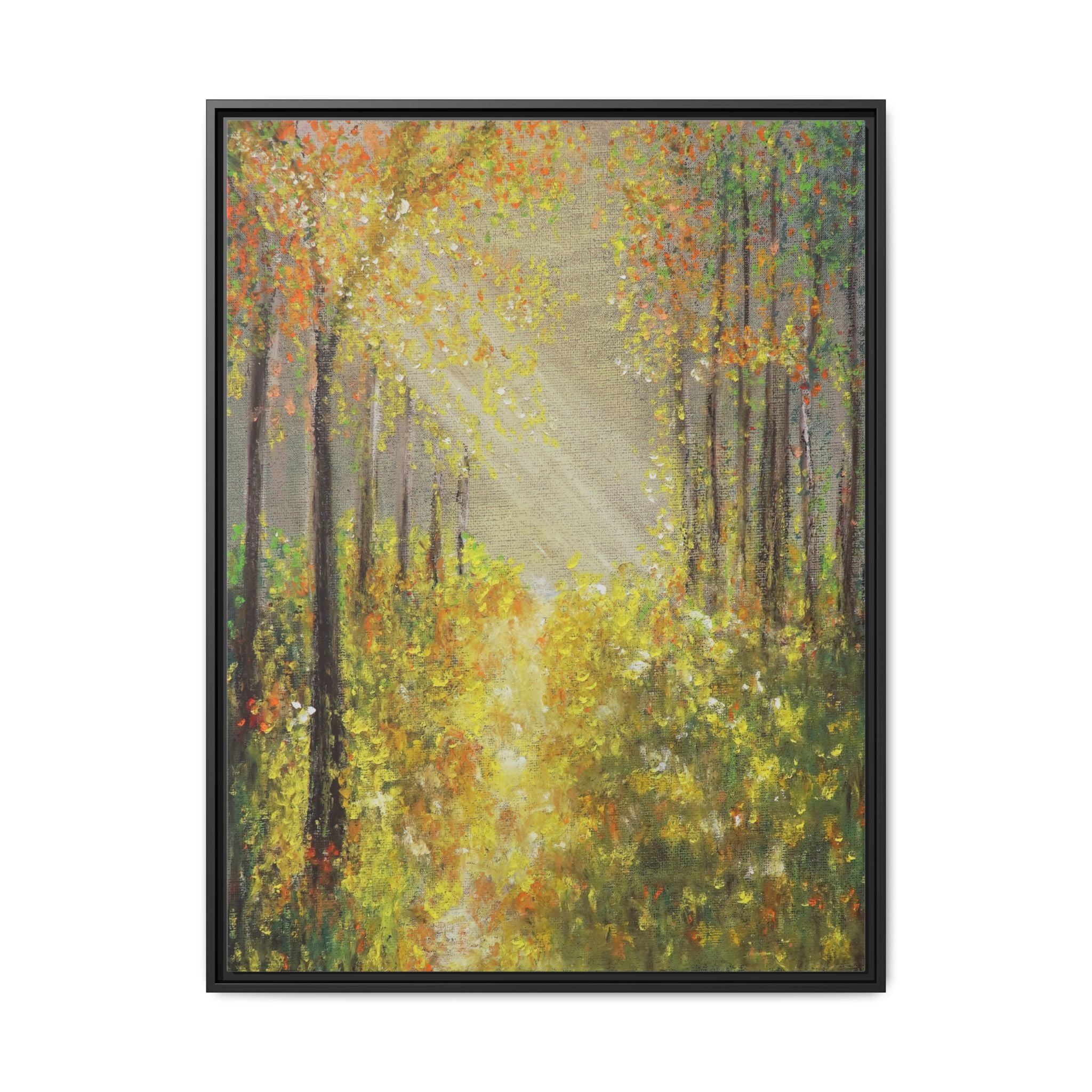 Sunlit Forest Path Framed Canvas Art — Autumn Woodland Wall Decor